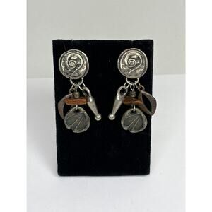 Robert Rose Silver Tone Pierced Dangle Charm Drop Stud Brown Stone